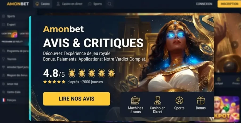 Bannière d'avis Amonbet présentant une note de 4.8/5 pour rassurer les joueurs sur la fiabilité.