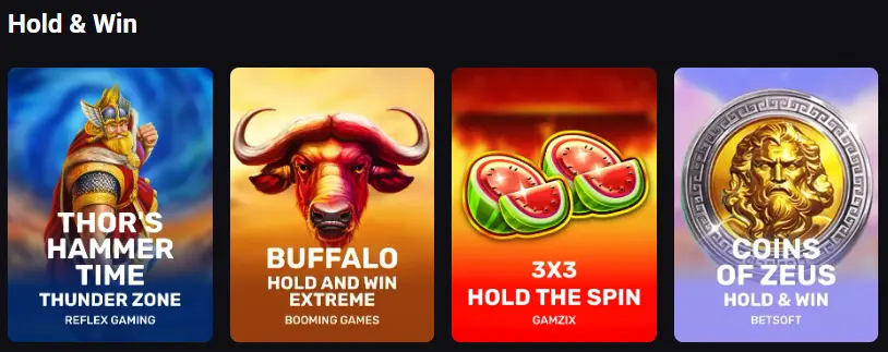 Sélection de jeux Hold & Win sur Amonbet illustrant les fonctionnalités populaires du casino.