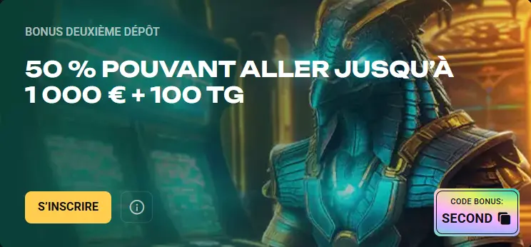 Bannière bonus deuxième dépôt Amonbet avec code SECOND pour fidéliser les joueurs actifs.
