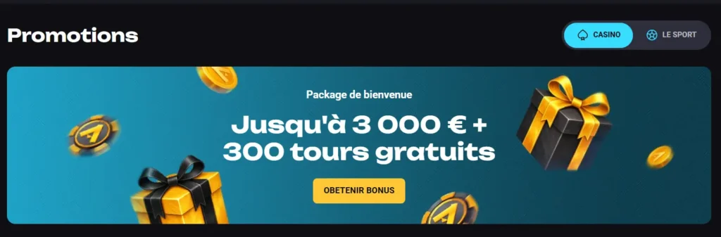 Bannière de promotions Amonbet offrant un pack de bienvenue pour attirer les nouveaux joueurs.