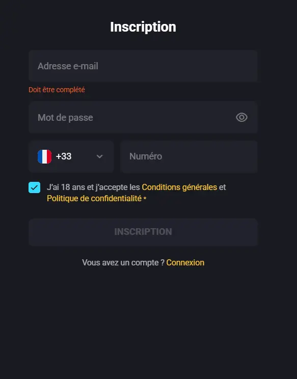 Formulaire d'inscription Amonbet simplifié pour faciliter l'ouverture de compte des nouveaux joueurs.