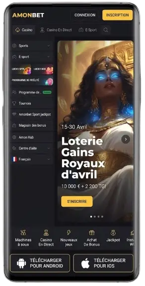Interface mobile Amonbet avec boutons de téléchargement pour Android et iOS en français.
