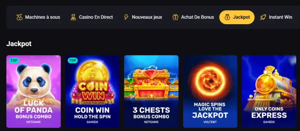 L’interface d’un casino en ligne affichant la section Jackpot et des jeux comme Coin Win.