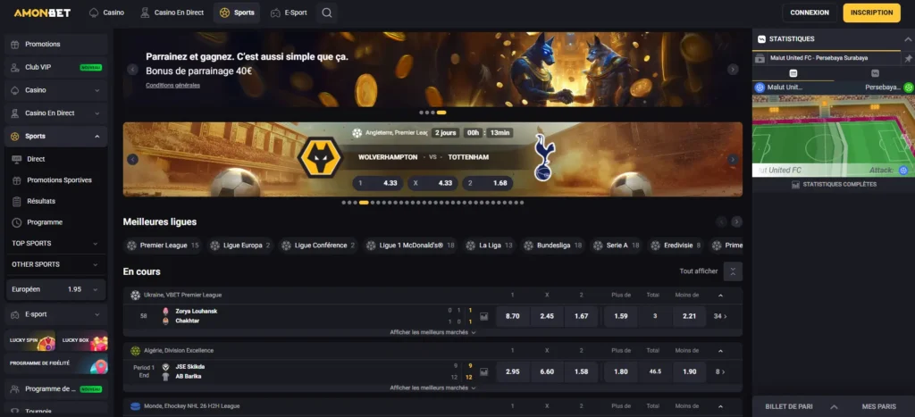 Interface Amonbet Sports affichant les cotes de football pour guider les parieurs en ligne.