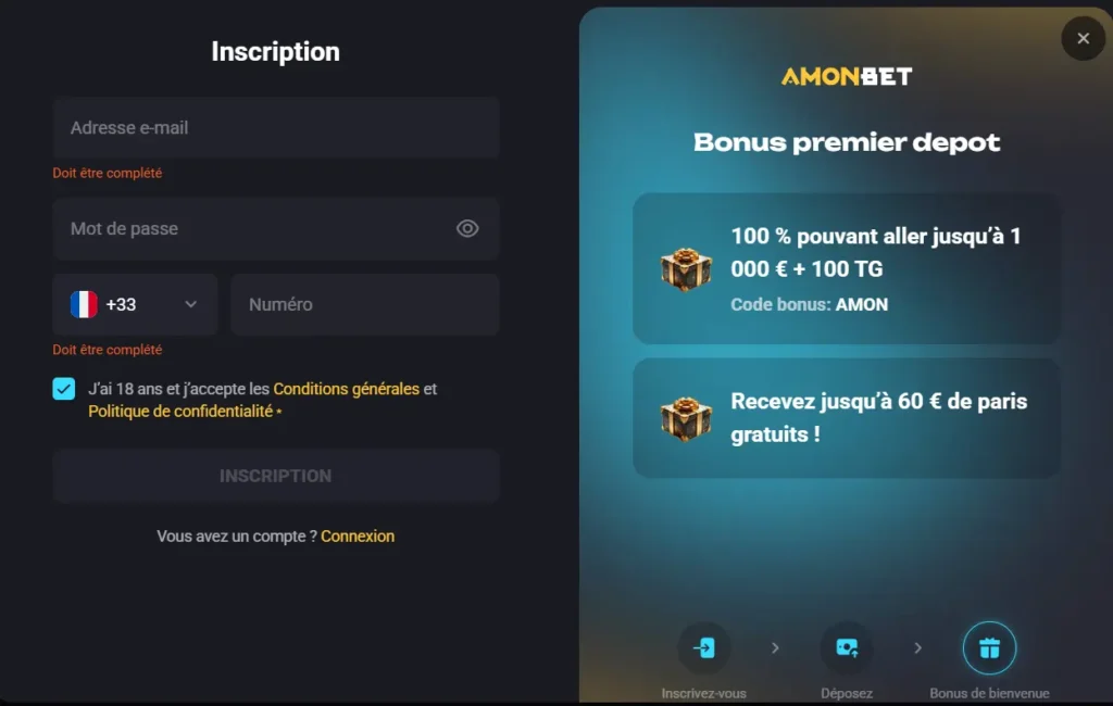 Formulaire d'inscription Amonbet avec bonus de bienvenue pour guider les nouveaux joueurs.