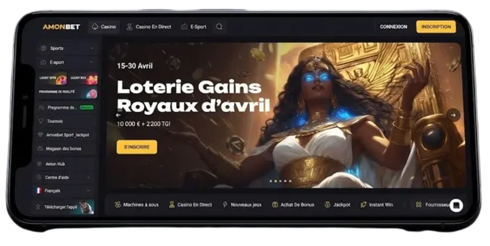 Smartphone montrant l'interface mobile d'Amonbet pour illustrer la fluidité du jeu sur téléphone.
