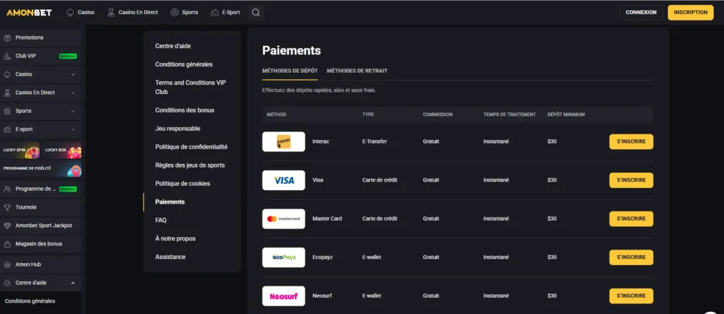Tableau des modes de paiement Amonbet montrant les options de dépôt sécurisées pour les joueurs.