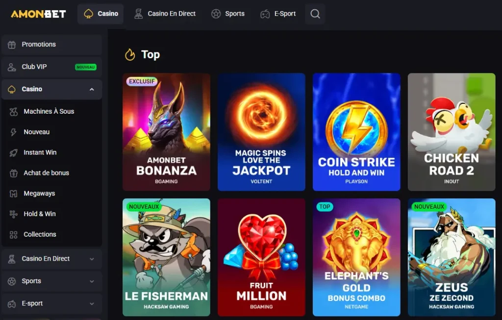 Grille de machines à sous Amonbet présentant les jeux populaires pour illustrer l'offre du casino.
