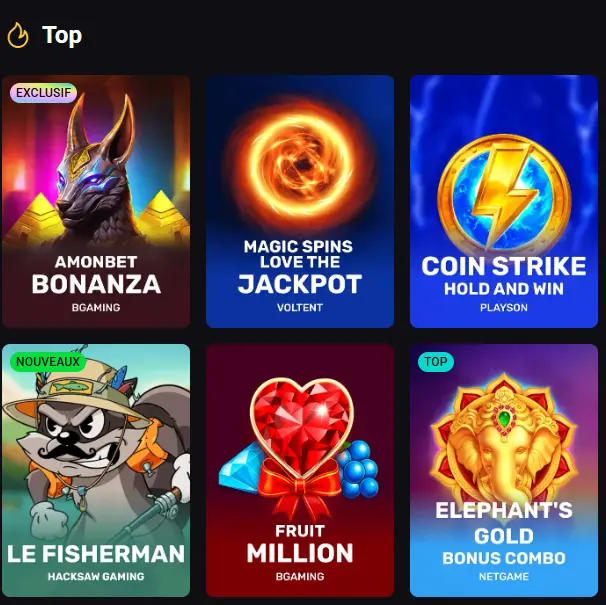 Sélection des meilleures machines à sous Amonbet pour présenter la variété de jeux disponibles.