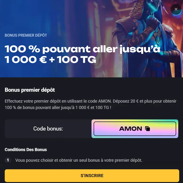 Bannière bonus premier dépôt Amonbet avec code AMON pour inciter les joueurs à s'inscrire.