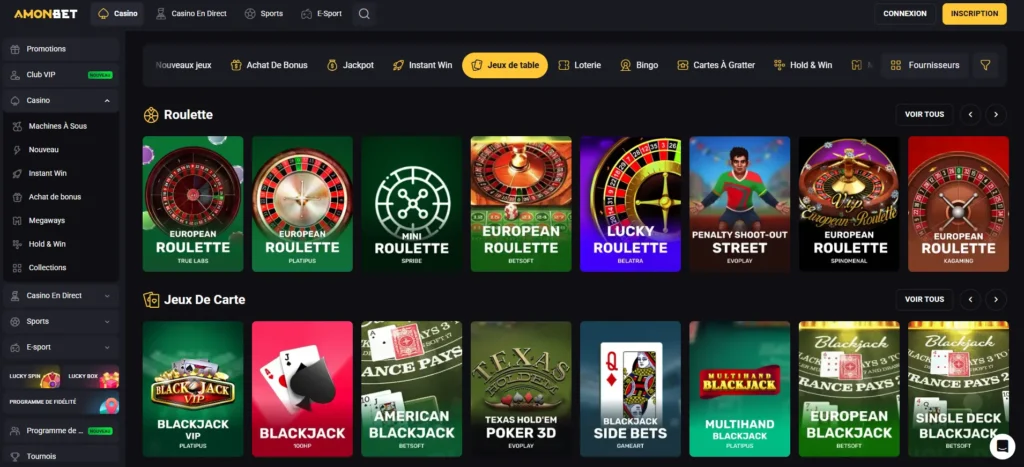 Jeux de table Amonbet incluant roulette et cartes pour présenter la diversité ludique du casino.