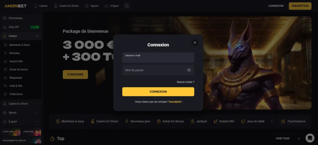 Fenêtre de connexion Amonbet sur fond de page d'accueil pour permettre l'accès aux joueurs.