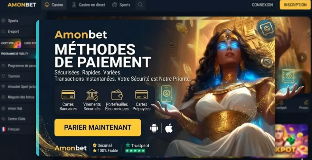 Bannière Amonbet Méthodes de Paiement listant les options de transaction pour rassurer les joueurs.