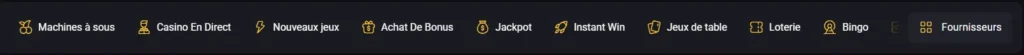 Menu de navigation Amonbet listant les catégories de jeux pour faciliter l'exploration du casino.